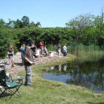 People fishing by a calm lakeside on a sunny day.