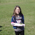 A young girl holding a small snake outdoors on a sunny day.