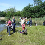 Group of people enjoying a lakeside picnic on a sunny day.