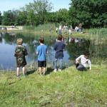 Children fishing by a calm lake on a sunny day.