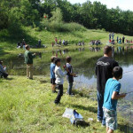People fishing by a river on a sunny day.