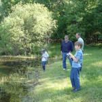 Four people fishing by a pond surrounded by greenery.