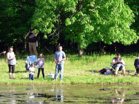 A group of people fishing in the water.