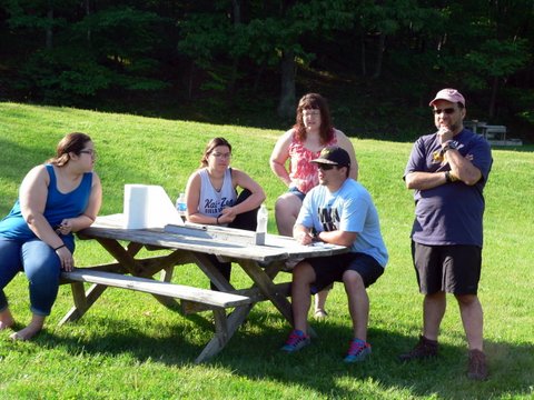 A group of people sitting at a picnic table.
