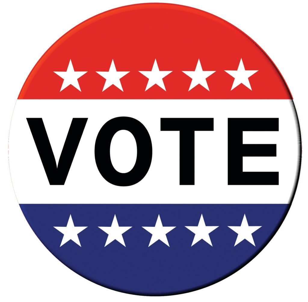 A red white and blue vote button with stars.