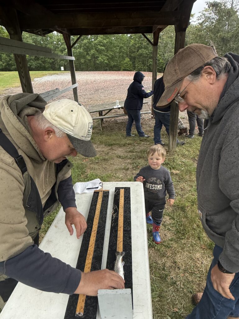 Two men measuring fish for young boy